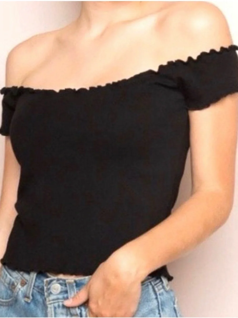 Black Off-Shoulder Ribbed Crop Top